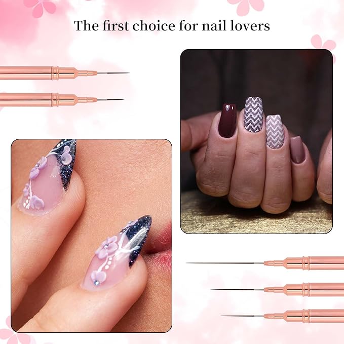5pcs Nail Art Liner Brushes, Fine Nail Art Pens Thin Detail Fingernails Drawing Tool Long Line Painting Striping Brushes for Gel Polish Nails Design, Size 7/9/11/15/25mm