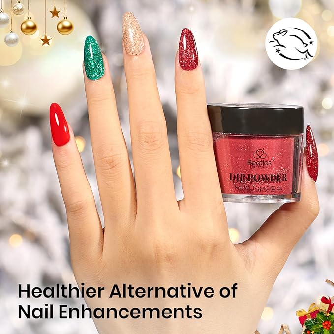 Beetles Christmas Dip Powder Nail Kit, Winter Colors Red Green Glitter Golden Dipping Powder with Liquid Set and Tools for French Nail Art, Easy DIY Home Manicure Salon Merry Sparkle Collection
