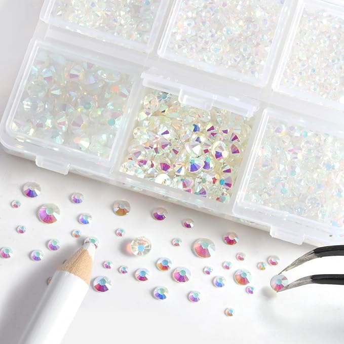 Beadsland 4300pcs Flatback Rhinestones,Transparent AB Rhinestone Nail Gems Round Crystal Rhinestones for Crafts,Mixed 6 Sizes with Picking Tweezers and Wax Pencil Kit, SS6-SS20,Transparent AB