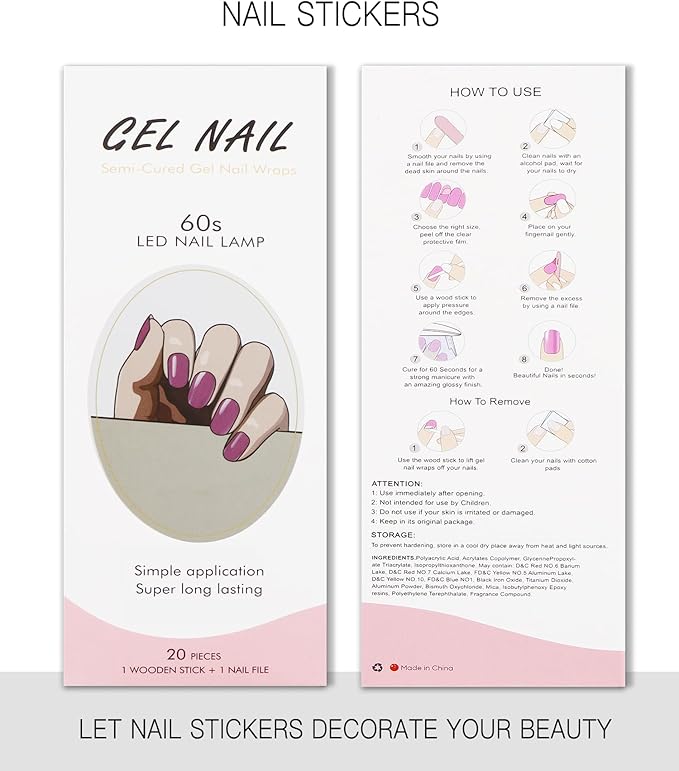 JMEOWIO Gel Nail Stickers Purple Semi Cured Gel Nail Strips Wraps UV/LED Nails Art Design Decoration Accessories