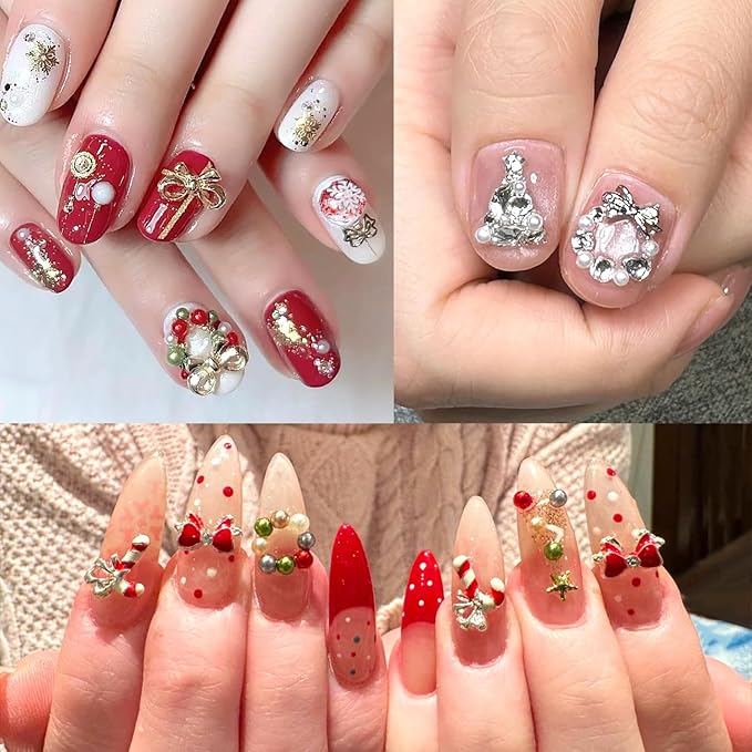 3D Nail Art Pearls and Beads Set, Colorful Half-Round Gems & Rhinestones, Mix Sizes Gold Beads for Nails, Christmas Nail Decorations Accessories DIY Manicure Supplies with Picker Tools