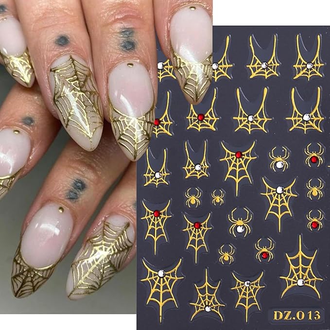 6 Sheets Halloween Gold Nail Art Stickers Decals Spider Web Nails Stickers with Rhinestones Design 5D Skull Nails Decal Self-Adhesive Bat Nail Art Decal for Women Halloween Decor