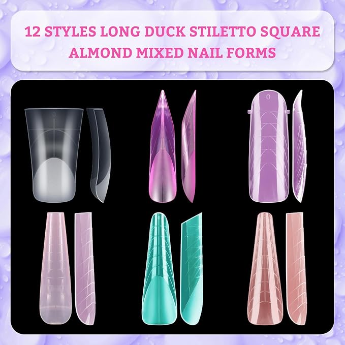 288pcs Long Mixed Dual Nail Forms Clear Multicolor Full Cover Nail Art Mold with Scale for Polygel Extension Beginners DIY Manicure 12 Styles Long Duck Stiletto Square Almond Mixed Nail Forms