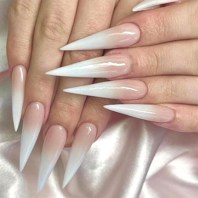 Pink White Ombre Press on Nails Long Stiletto Fake Nails with Gradient Designs Simple Glue on Nails Cute Acrylic Nails Press ons Glossy Stick on Nails for Women Girls 24 Pcs