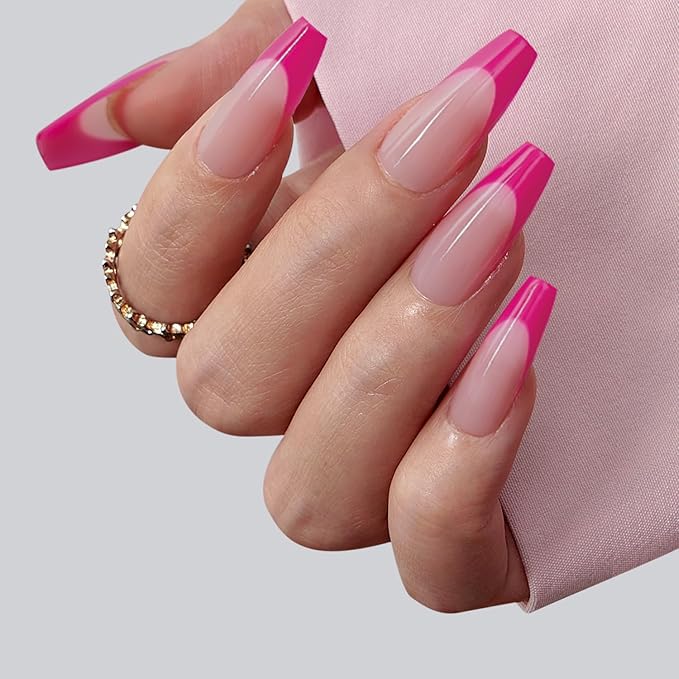 BTArtboxnails XCOATTIPS Pink French Tip Press On Nails - Coffin Press On Nails Medium, Soft Gel Nail Tips, Soak Off Pink Acrylic Fake Nail Extension in 15 Sizes