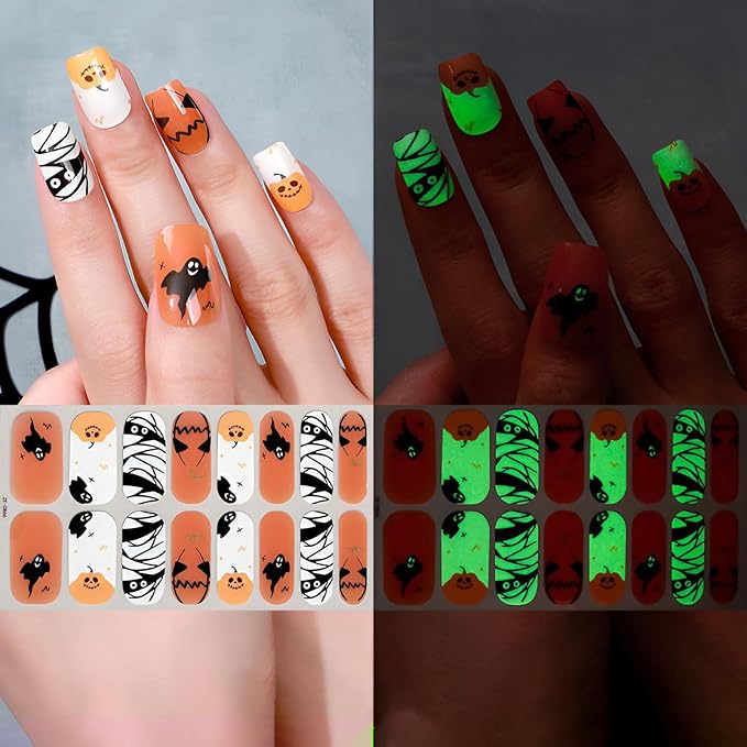 6 Sheets Halloween Nail Wraps Full Stickers Nail Polish Strips, DIY Self-Adhesive Nail Art Glow in The Darkness Decals Pumpkin Bat Ghost Spider with 1 Piece Nail Files for Party Decor (96 Pieces)