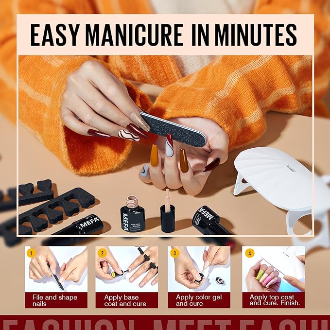 MEFA 19 Pcs Gel Nail Polish Kit with U V Light, 12 Colors Fall Gel Nail Polish Set Burgundy Red Champagne Gold Purple Glitter Soak Off Manicure Tools Halloween Beginners Salon Art DIY for Women