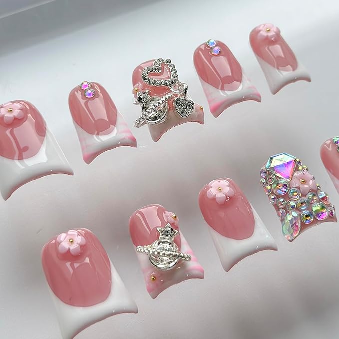Luxury Press on Nails Short Duck Handmade 3D Unique Reusable ABS Material Fake Nails White French Tip False Nails with Designs Pink Flower Rhinestones Glossy Glue on Nail Thick Acrylic Nail(S)