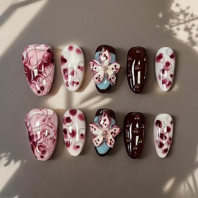 Handmade Press on Nails Medium Almond Fake Nails with Glue,Tropical Flower Nails with 3D Lines Designs Wine Red Acrylic Nails Nature Stick on Nail False Nails for Wome (Size M)