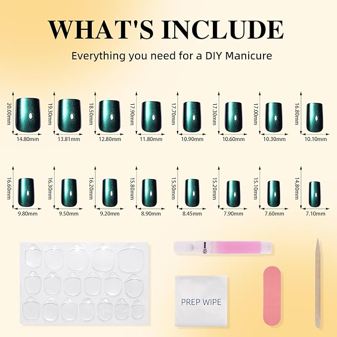 Cat Eye Press On Nails - Short Square Deep Green Nails Press Ons for Women DIY Glossy Fake Nails Kit with Glue, Reusable Soft Gel Glue on Nails Short in 16 Sizes - 32pcs, Emerald Mirage