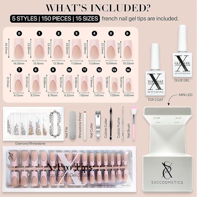 SXC Cosmetics French Tip Press On Nails - Skin Tone Nude and Color Series, Medium Square X-Pro Tips Starter Kit ST117KIT