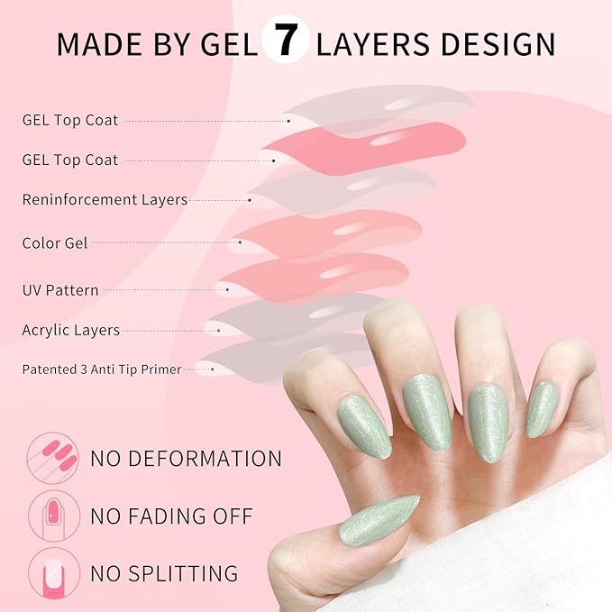 Green Almond Cat Eyes Press On Nails,12 Sizes - 24 Pcs Soft Gel Green Medium Fake Nails Kit with Nail Glue, Natural Reusable Stick On False Nails for Women and Girls SK1026