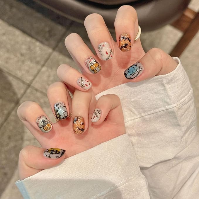 Luxury Halloween Press on Nails Short Square Handmade 3D Unique Reusable ABS Material Fake Nails Cute False Nails with Designs Pumpkin Spider Web Glossy Glue on Nail Thick Acrylic Nail(S)