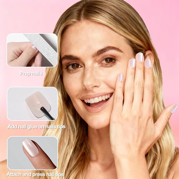 Allstarry Cat Eye Press on Nails, 15 Full Sizes Range Pink Rude Cat Eye Nails Press Ons 4 Colors Cateye Presson Nail for Women 120pcs Glossy Short Square Fake Nail Tips Stick DIY Salon