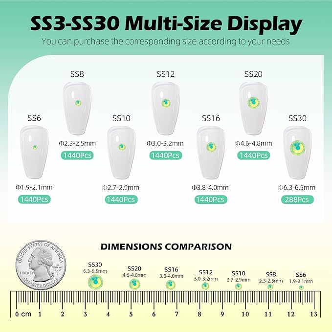 F Green Flatback Rhinestones, Glass Rhinestones for Nail Art and Craft, Glue Fix, Loose Crystal Gemstones(F Green, SS10, 1440pcs, 2.7-2.8mm)