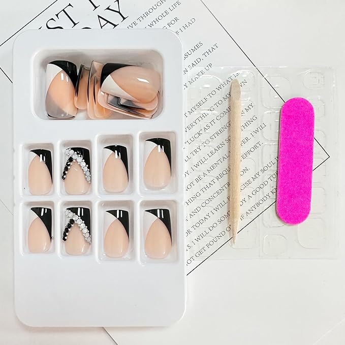 French Tip Press on Nails Medium Square Fake Nails Black White Tip False Nails with Designs Rhinestone Stick on Nail Full Cover Glossy Acrylic Artificial Nail for Women Manicure 24Pcs