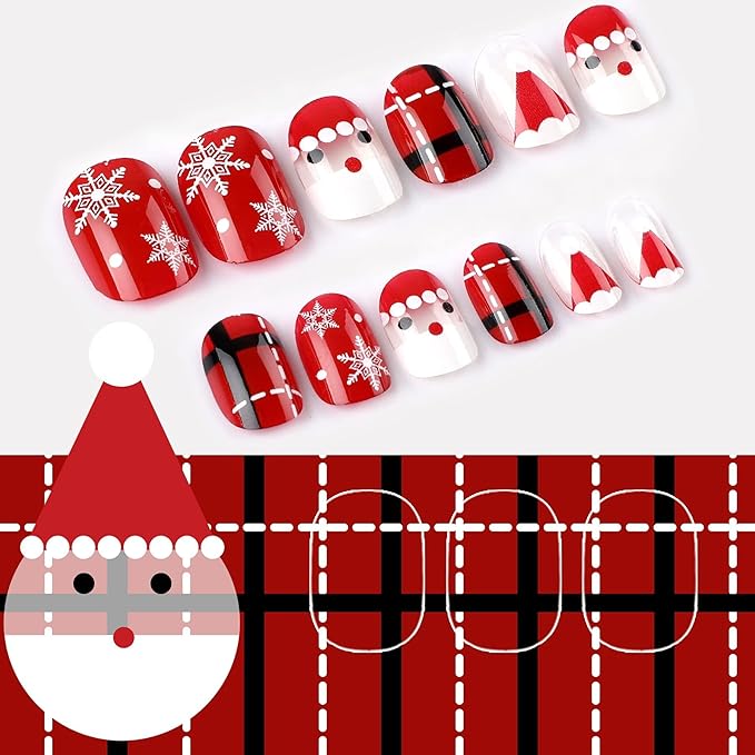 JANYUN Christmas Kids False Nails, 96 Pcs Stick On Nails Kids Full Cover Xmas Short False Nails Lovely Gift for Little Girls Nail Art Decoration (Christmas Theme)
