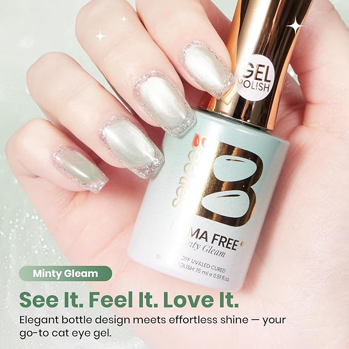 Beetles Minty Gleam Green Cat Eye Gel Nail Polish - 15ML Glass Green Glitter Cat Eye Spring Gel Polish Magnetic Shimmer Effect Soak Off UV Nail Art Design Salon DIY Manicure Gift for Women
