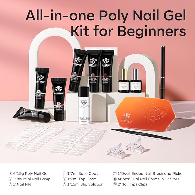 modelones Poly Nail Gel Kit 6 Colors with 8 W Lamp Nail Extension Gel Kit Nude Clear Pink Natural Complete for Beginner Thickening Solutions DIY at Home for Women