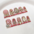 Handmade Press on Nails Short Duckbill False Nails Pink Gradient French Tips Stick on Nail with Rhinestones & 3D Bow Designs Muti-Layer Gel Artificial Acrylic Nails for Women（Size M)