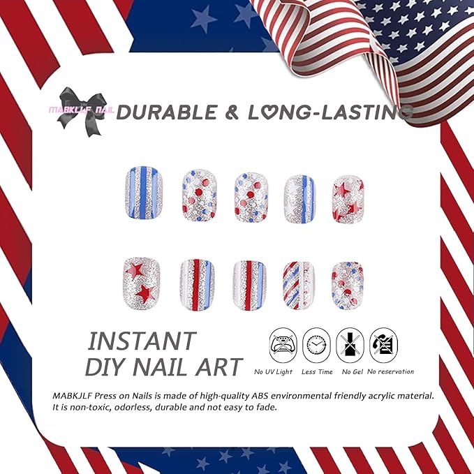4th of July Press on Nails Short Square Sliver Glitter Fake Nails Full Cover Tricolor False Nails with Star Designs America Flag Acrylic Nails Glossy Glue on Nails Artificial Nails for Women Girls