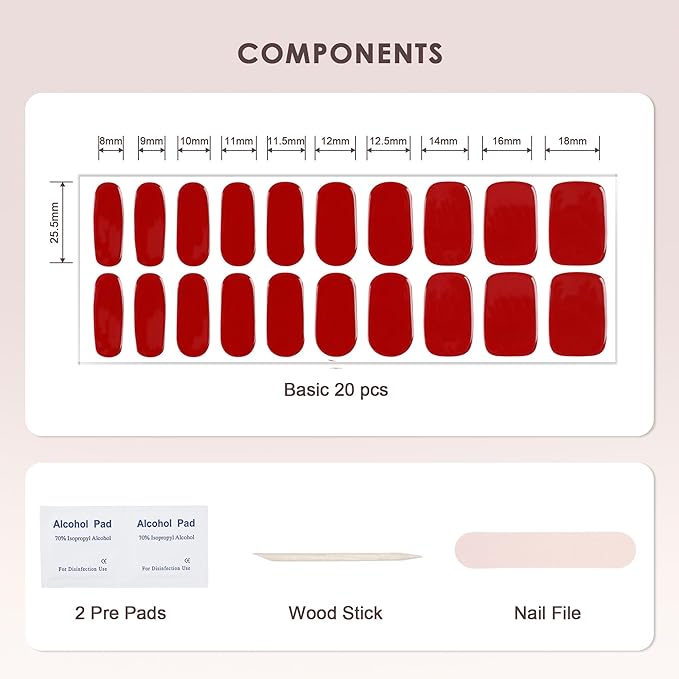 Semi Cured Gel Nail Strips – Real Gel Nail Polish Wraps for Brittle Nails | Waterproof Long Lasting Easy Peel-Off Removal | Hema-Free | 20-Piece Rouge Ruby Salon Kit with File & Stick