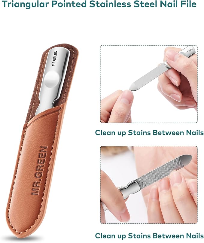 Nail File,Professional Double Sided Stainless Steel Nail File with Non-Slip Handle and Leather Case,Nail Buffering Files Washable,Metal Nail File for Men and Women