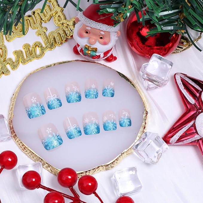 24Pcs Christmas Press on Nails Short Square French Tip Fake Nails with Blue Glitter Snowflake Design Winter False Nails Full Cover Artificial Glue on Nails Santa Stick on Nail for Women Xmas DIY Gift