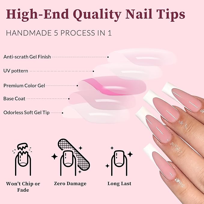 120PC White French Tip Press on Nails Long Fake Nails Press ons with 5*Adhesive Tabs, Pink Square Acrylic Nail Press on Nail French Tip Nails False Artificial Fingernails Stick on Nails-B