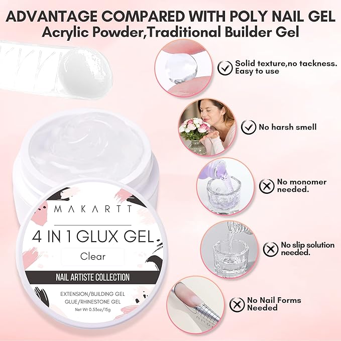 Makartt 4-in-1 Nail Gel Kit - Solid Extension Gel, UV Builder, Rhinestone Adhesive & Gem Glue, 15ml + 1.06oz Super Hold Set for Acrylic Tips, Crystals & Nail Art Design