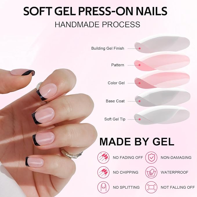 French Tip Press On Nails Short - Findigit Square Stick On Nails with Nail Glue, Reusable Soft Gel Glue On Nails Kit Fit Natural False Nails for Women 16 Sizes - 32 Nail Kits, Square Black French