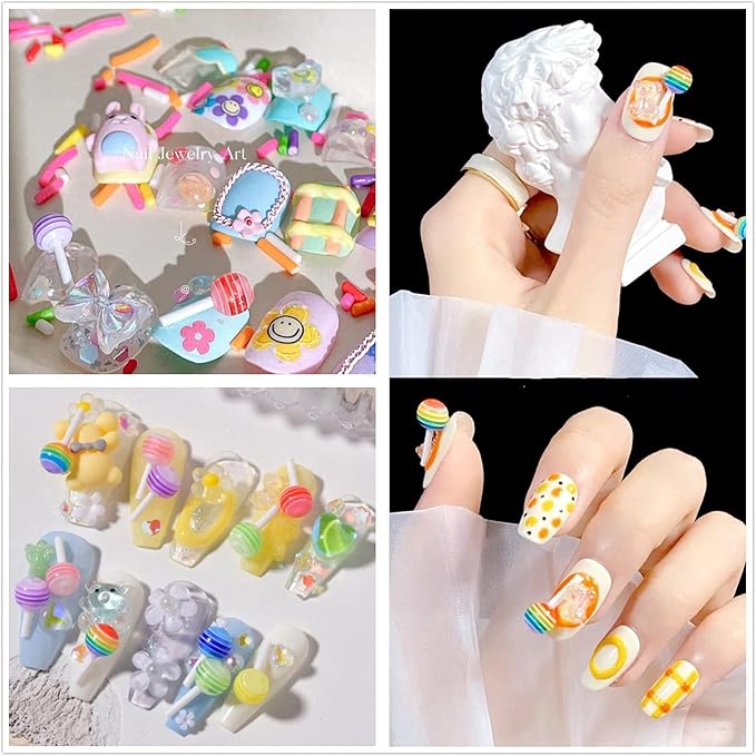 40pcs Rainbow Lollipop Pop Nail Charms Set，0.2" Colorful Candy Sweets Nail Art 3D Ab Crystal Nails Accessories Decoration for Women Girl