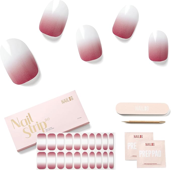 Semi Cured Gel Nail Strips - NAILOG 20 Pcs Gradient Pink Nail Stickers Extra Long Wraps with Glossy Gel Finishing for Spring Summer, Bicerin