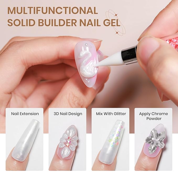3D Sculpting Gel for Nail Art, 60g Large Capacity Pearl White Hard Solid Builder Gel for Nails Art Non-Sticky Hand for Carving Extension with Chrome Powder Home DIY Manicure