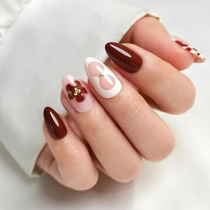Press On Nails - Blossom | Floral Design Almond UV Finish Nails, Salon Quality | 32 Nails, 16 Sizes Kit with Glue and Adhesive Tabs I Female Founded