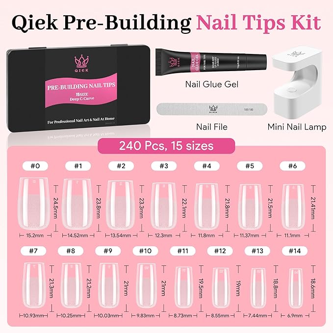 Medium Square Pre-Building Nail Tips Kit, 15 Sizes 240 PCS Pre-shaped Apex Clear Thick Extensions Tip Soft Half Matte Press On Fake Nails Glue Gel Nail Lamp for DIY Beginners & Salon Manicure