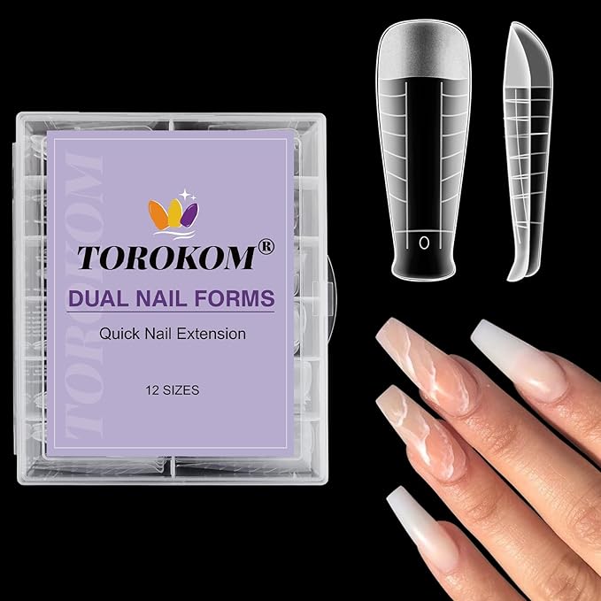 TOROKOM 120Pcs Poly Extension Gel Dual Nail Forms T-Shapes Clear Nail Forms Full Cover Coffin Nail Molds 12 Sizes for Gel Manicure Nail Art Design Salon&DIY
