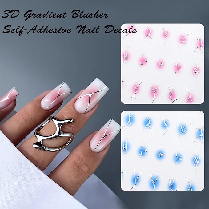 10 Sheets Silver Flame Nail Art Stickers, 3D Gradient Blusher Self-Adhesive Decals, Silver Line Heart Star Y2K Stickers for DIY Art Decoration - 10 Colors