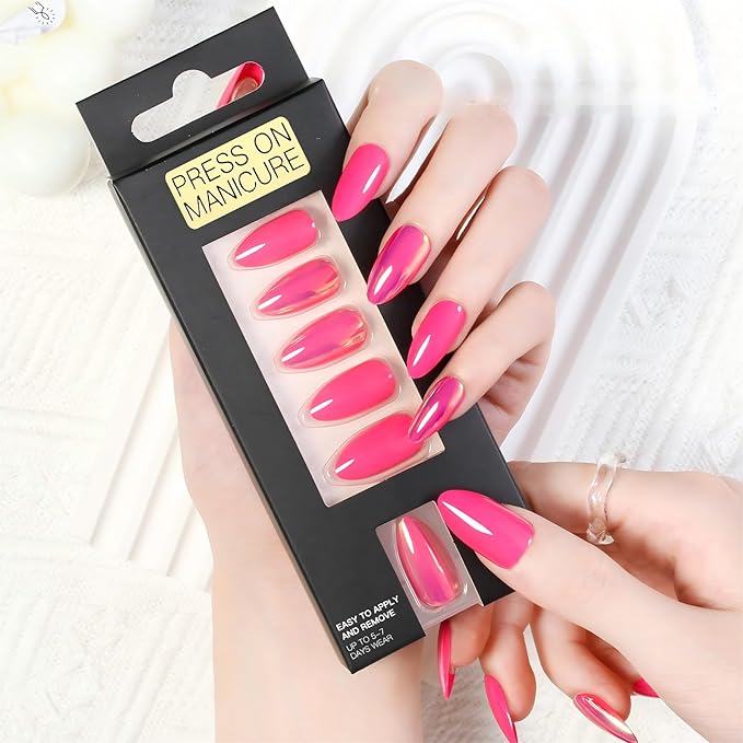 Nails Press Ons Almond - Hot Pink Glossy Iridescent Reusable Acrylic False Nails for DIY Manicure, 24 Nails in 12 Sizes with Glue, Adhesive Tabs, Nail File, Prep Pad, Manicure Stick