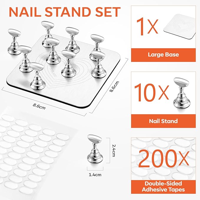 Makartt Nail Stand for Press On Nails DIY: Non-Slip Strong Magnetic Metal Base 10 Holders 200 Sticky Tapes, Professional for Nail Art Painting, Display and Practice, Gifts for Beginners Salon Artists