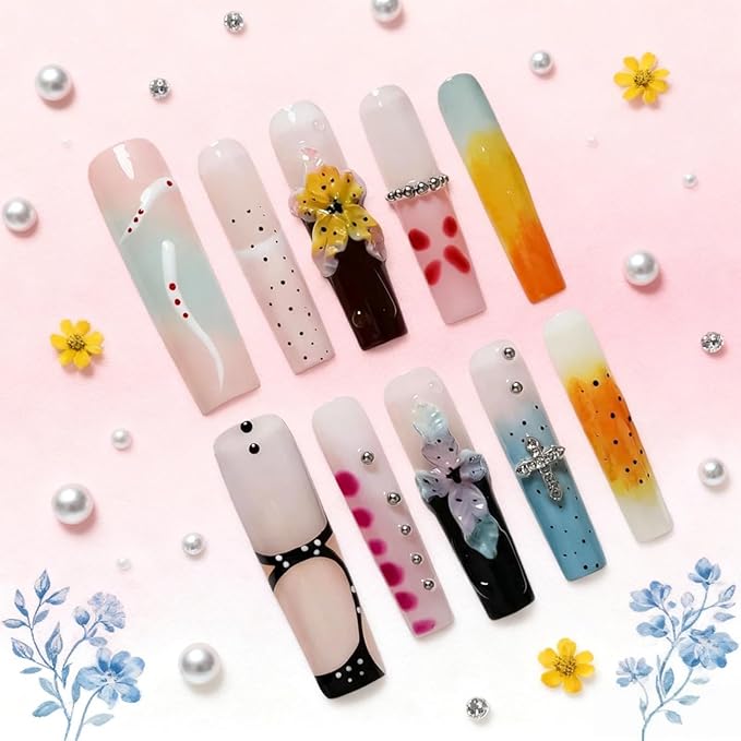 Long Square Press on Nails - Luxury Handmade French Tips Press on Nail with 3D Flowers & Rhinestones Cross Design，Multi-Layer Gel False Nails for Women (Ice Crystal Water Lily,S)