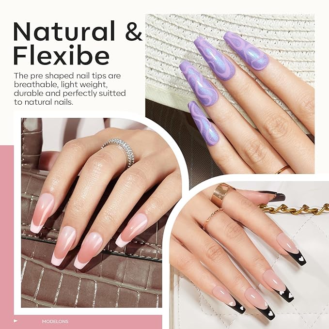 modelones Long Coffin Gel Nail Tips Kit, 9-in-One Nail Glue with Portable U V Lamp 216Pcs 12Sizes Pre-Etched Press ons Fake Acrylic Extension Kit DIY Salon Gift for Women