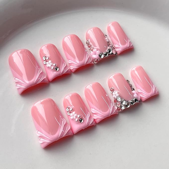 French Tip Press on Nails Handmade Short Duck 3D Floral Thick Acrylic Nails Cute False Nails with Rhinestones Flower Designs Pink Glossy Fake Nail Sturdy Art Press on Nail 10Pcs(M)