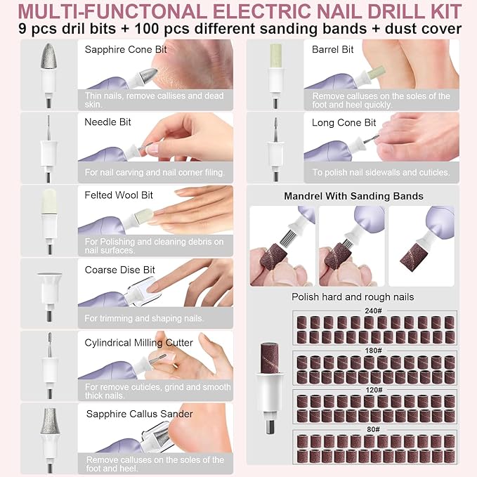 Professional Manicure Pedicure Kit, 9 in 1 Cordless Electric Nail Drill with 100 pcs Nail Drill Bits Sanding Bands, Nail Grinder for Human, 5 Speeds, Nail Dremel Kit for Home and Salon Use