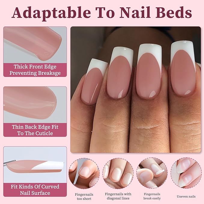 120PC White French Tip Press on Nails Medium Fake Nails Press ons with 5*Adhesive Tabs, Brown Square Acrylic Nail Press on Nail French Tip Nails False Artificial Fingernails Stick on Nails-L