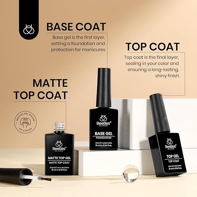 Beetles Gel Top Coat and Base Coat Set with Nail Dehydrator and Primer, 5 Pcs 10ml Glossy & Matte Top Coat Gel Nail Polish Nail Prep Acid-Free and Hema-Free Dehydrate Bond Primer Set for Acrylic