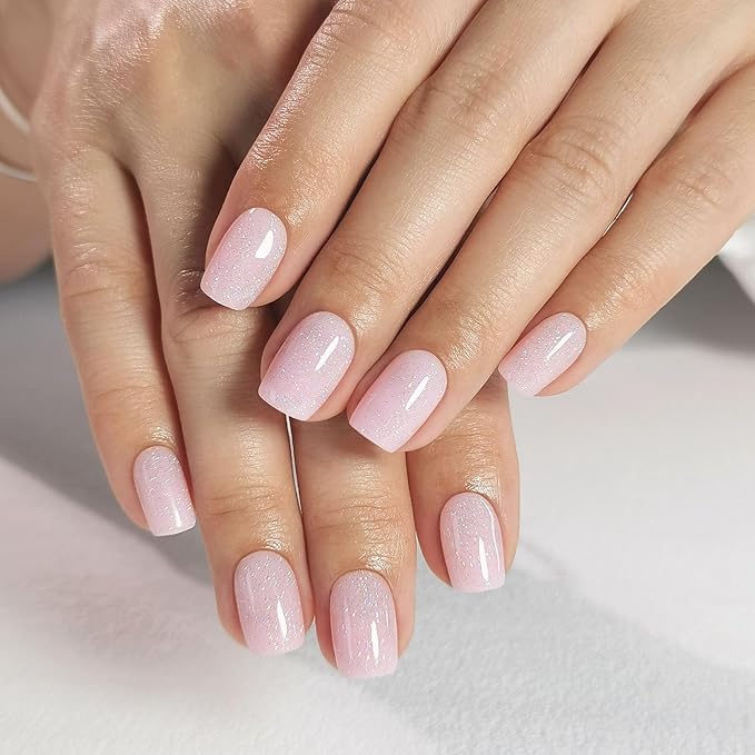Pink Press on Nails Square - SHANGMENG Soft Gel Valentines Press on Nails Short for Women Gift, Fit Perfectly & Natural Stick on Nails with Glue in 16 Sizes - 32 Reusable Fake Nails, Shimmering Pink
