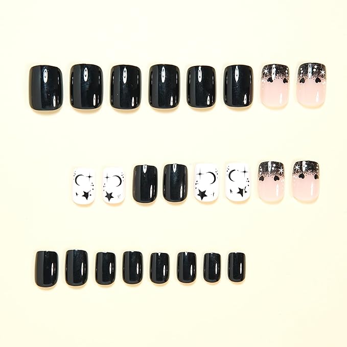 Black Press on Nails Short - Square Fake Nails with Moon Star Design - Glossy Full Cover Stick on False Nails - for Women 24 Pcs