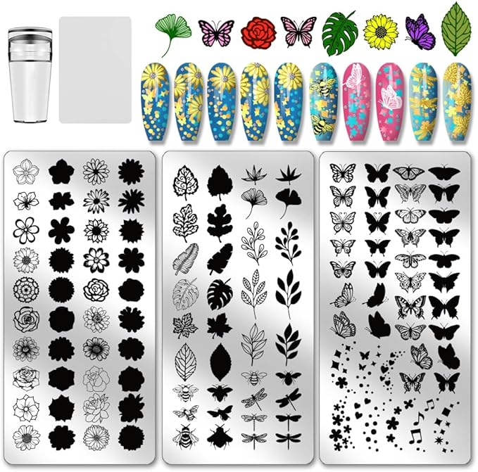 PH PandaHall 3pcs Insects Plants Nail Stamping Plates Flower Leaves Nail Art Templates Bees Nails Art Stencils Dragonfly Nails Stamper for Women Manicures Salon