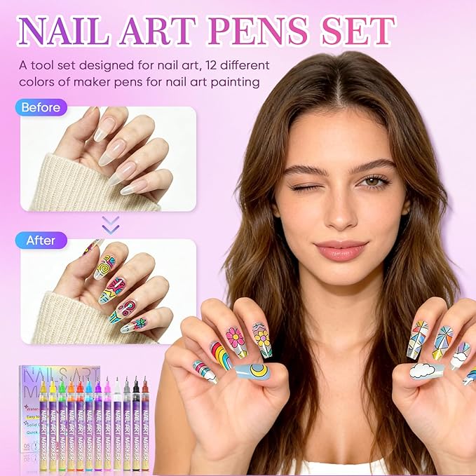 12 Colors Nail Art Marker Pens Set, Nail Markers for Nail Art, Suitable for Nail Art, Nail Painting, And Artistic Decorations; Suitable for Both Children And Adults. (12 Colors)